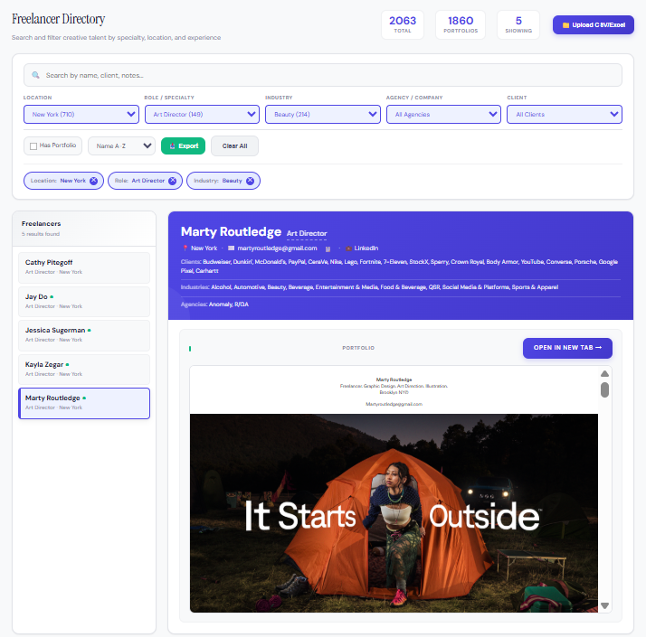 Freelance Finder — filtered directory view with profile detail and live portfolio preview